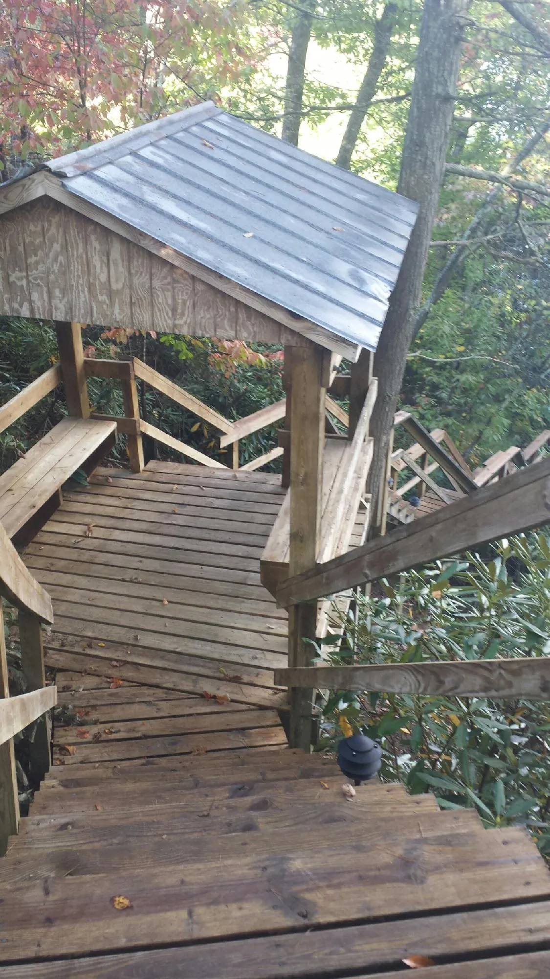Metal roofed shelter over wooden steps on a wooded walkway — Skylight Repair & Installation work by our crew in Bloomington